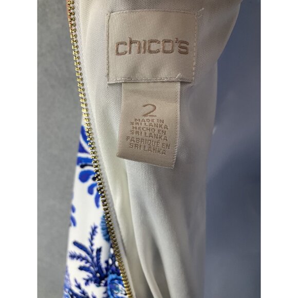 Chico's Dress Womens Sz 2 (12 US) Classic Boho Paisley Blue White Resort Summer - Picture 3 of 10